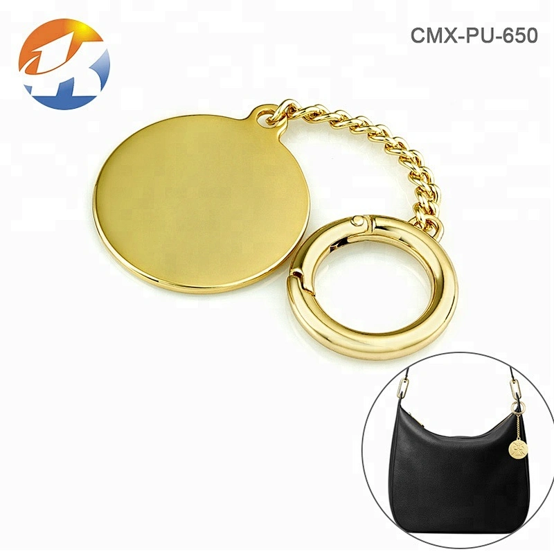 Gold Engraved Round Tag With Hook And Chain Hang Metal Handbag Logo