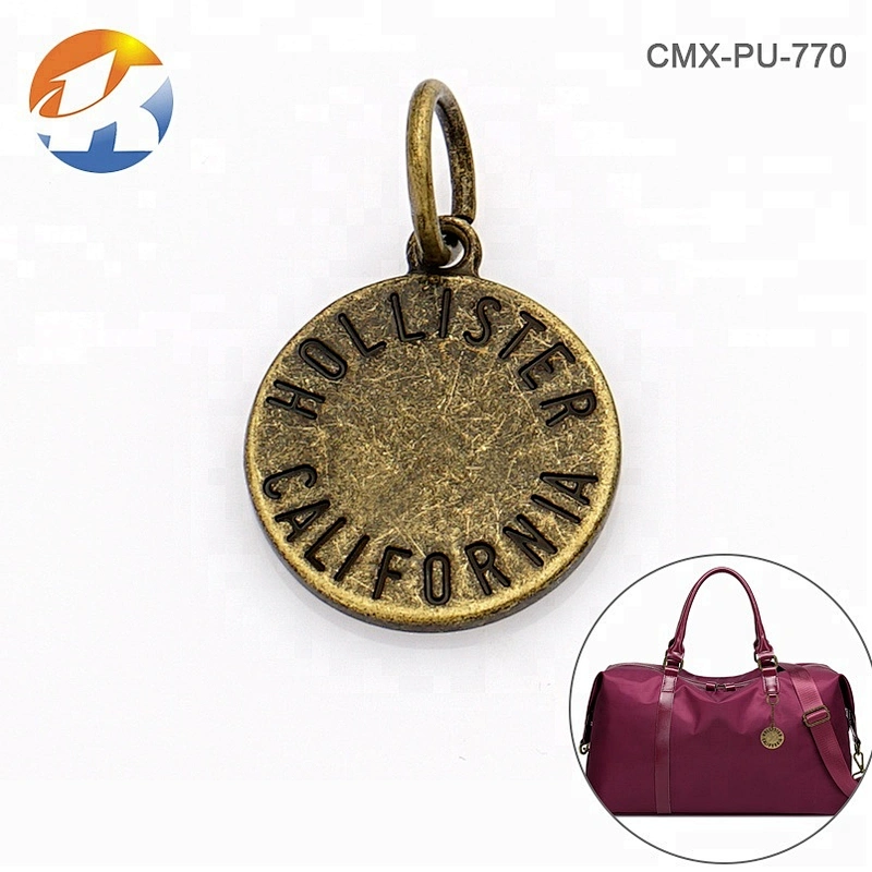 Round Metal Tag with Engraved Logo, Antique Brass Metal Hanging Name Tag Logo with Ring for Bag^