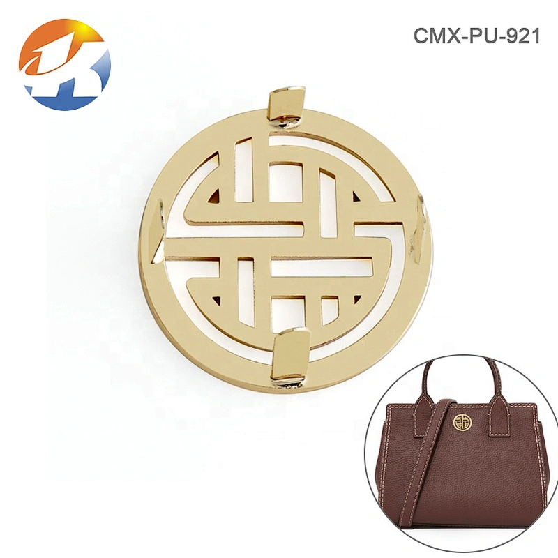 Handbag Accessories Circle Shape with Hollow Logo Metal Name Tag, Custom Gold Metal Brand Logo Label for Purse