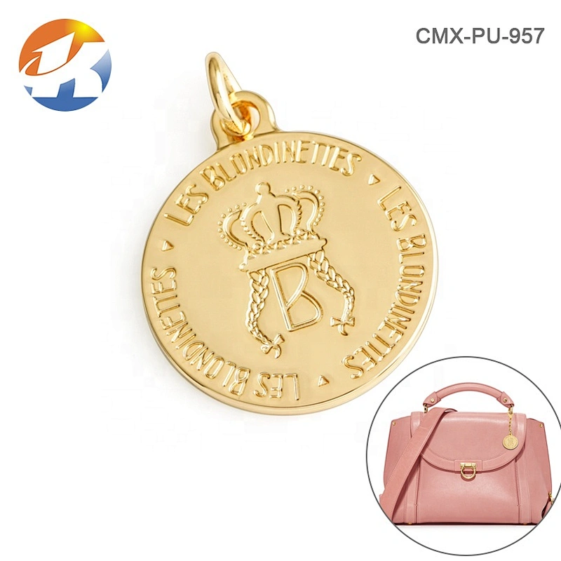 Fashion Handbag Hardware Custom Gold Metal Bag Logo, Round Shape with Ring Metal Hang Name Tag for Bag