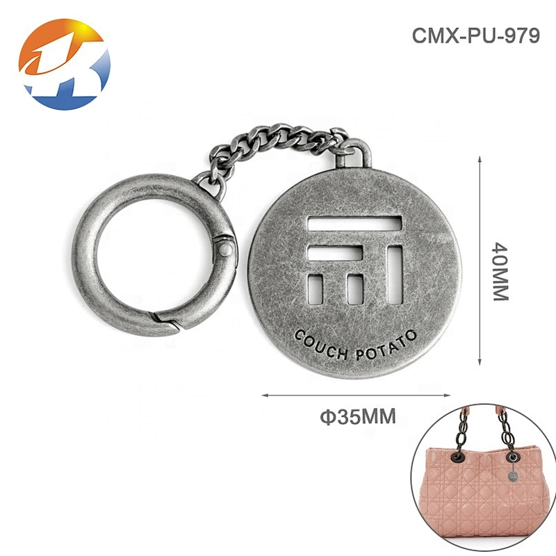 Custom Bag Fittings Round Metal Brand Logo Tags, Metal Name Tag with Spring Hook for Handbags