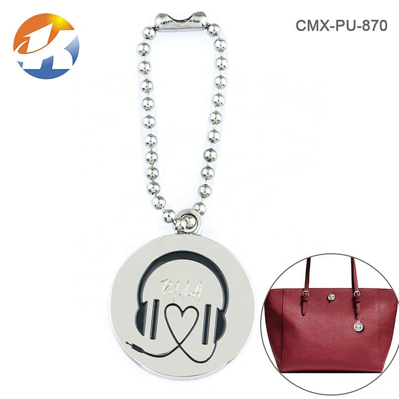 Custom Engraved Logo Metal Nameplate Tag, Handbag Hardware Round Hang Metal Logo Tag with Ball Chain