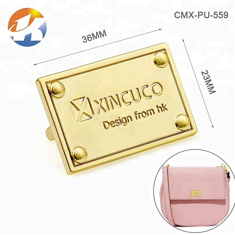 4 Decorative Rivets On Corners Gold Metal Logo Label, Custom Engraved Logo Metal Name Plate Tag for Handbags