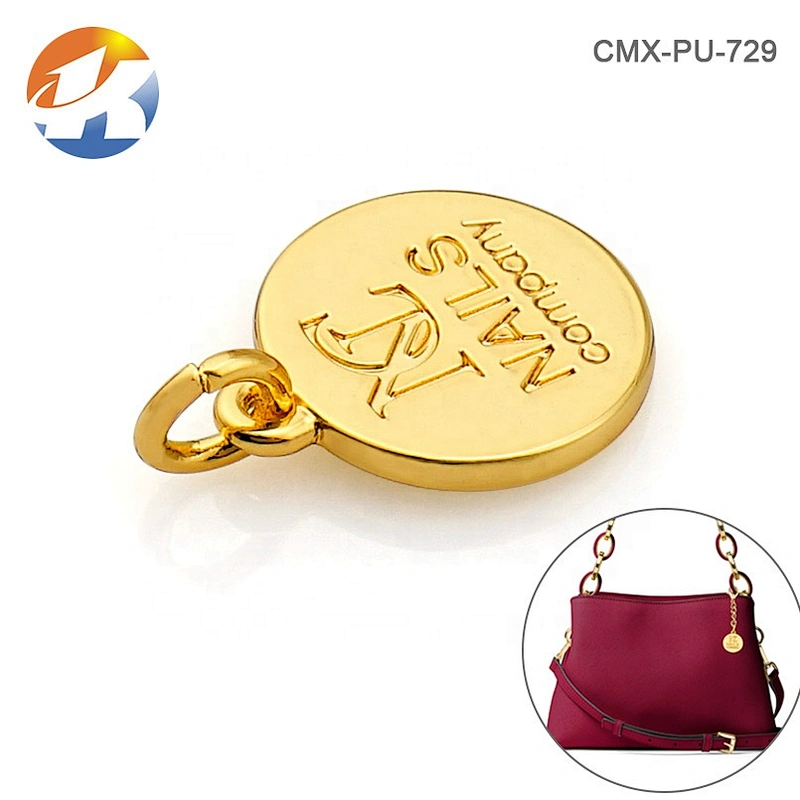 Handbag Hardware Circle With Ring Hanging Metal Name Tag, Gold Engraved Logo Metal Plate Label for Bags