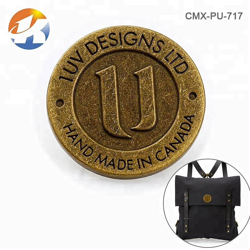 Antique Brass Round Metal Logo Tag for Bag, Custom Embossed and Engraved Logo Metal Label for Backpack