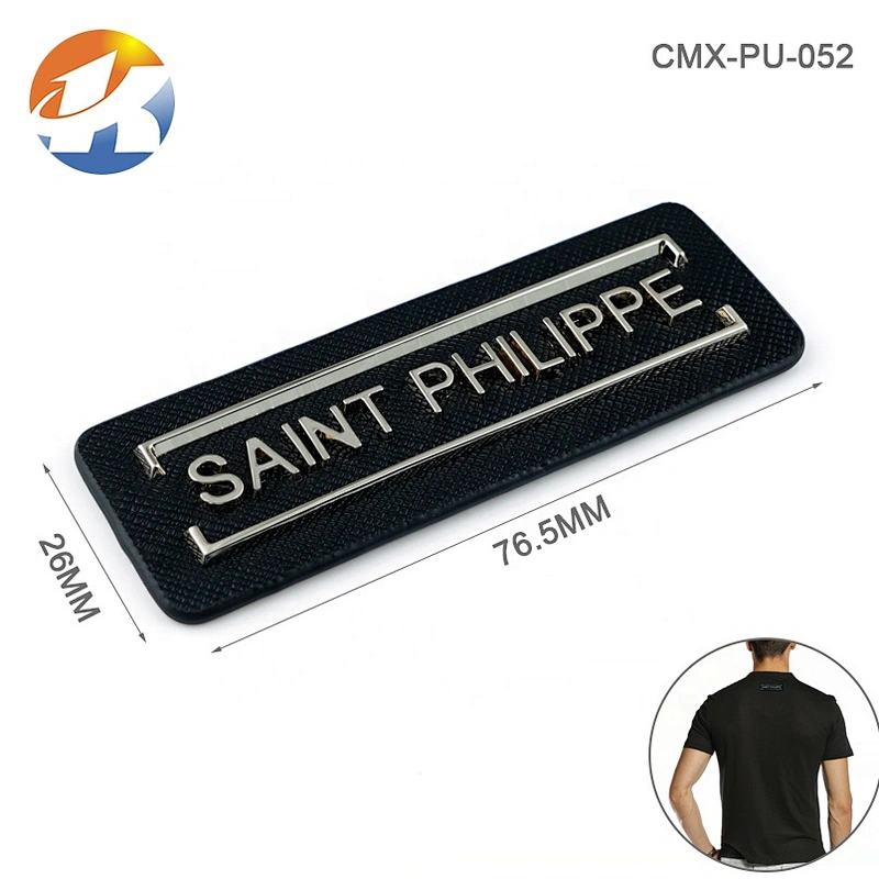 OEM ODM Customized PU Leather Label with Metal Letters Logo, Design Metal Name Plates for Handbag and Clothing