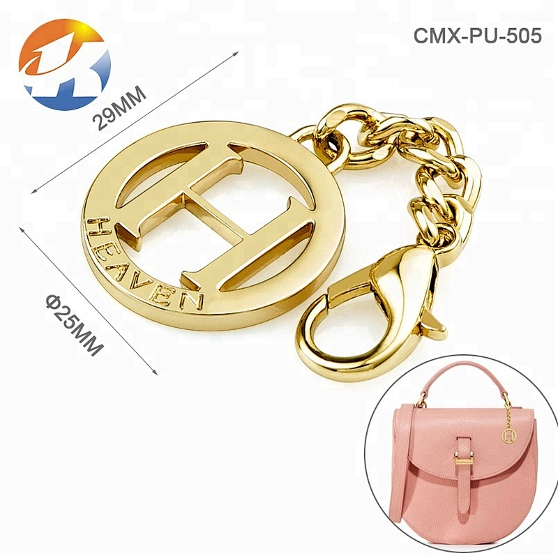 Hot Selling Style Gold Plated Metal Logo Tag, Custom Round Shape with Chain and Hook Metal Tag for Handbags