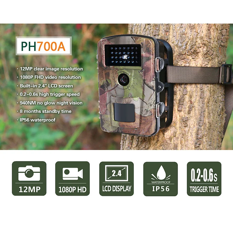 Zecre Wildlife Game Camera 1080P Full HD 12.0 Megapixel Photo Resolution Hunting Trail Cam With 0.2~0.6 Second Fast Trigger time