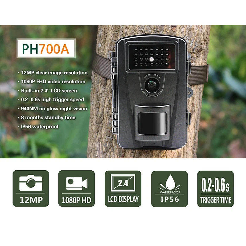 Build In 2.4 Inch LCD Screen Animal observation camera with night  vision 12M 1080P Hunting camera