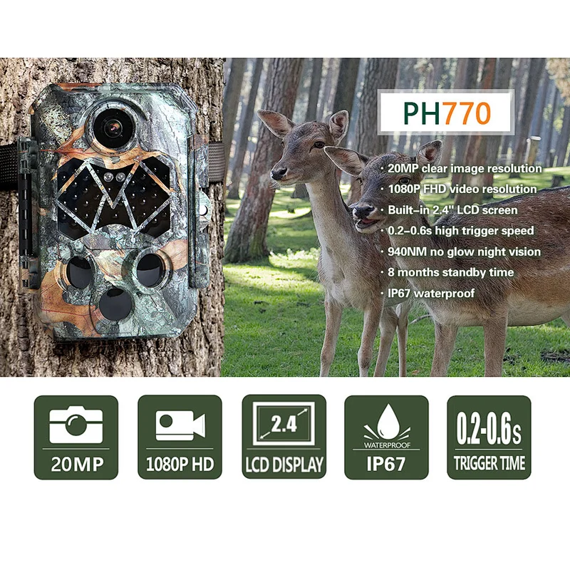 1080P 20MP Hunting camera 2.4 Inch LCD display screen waterproof IP66 Outdoor use for monitoring