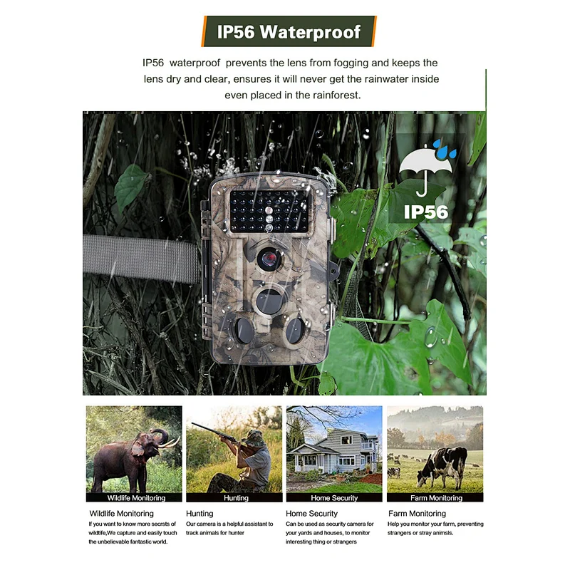 IP56 Waterproof wildlife camera Night Vision Outdoor Hunting Trail Camera with 2.7K Video Resolution