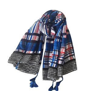 Hot sale lady blue tassel hijab scarf spring autumn bohemian style long shawl scarves