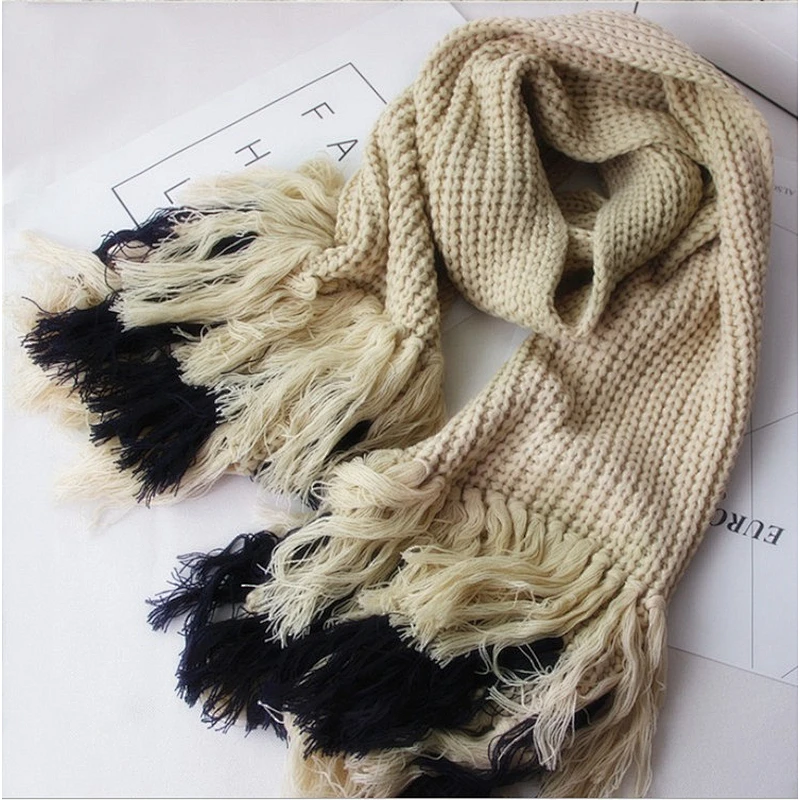 Autumn and winter knit scarf with thick wool big tassel  lady neck scarf