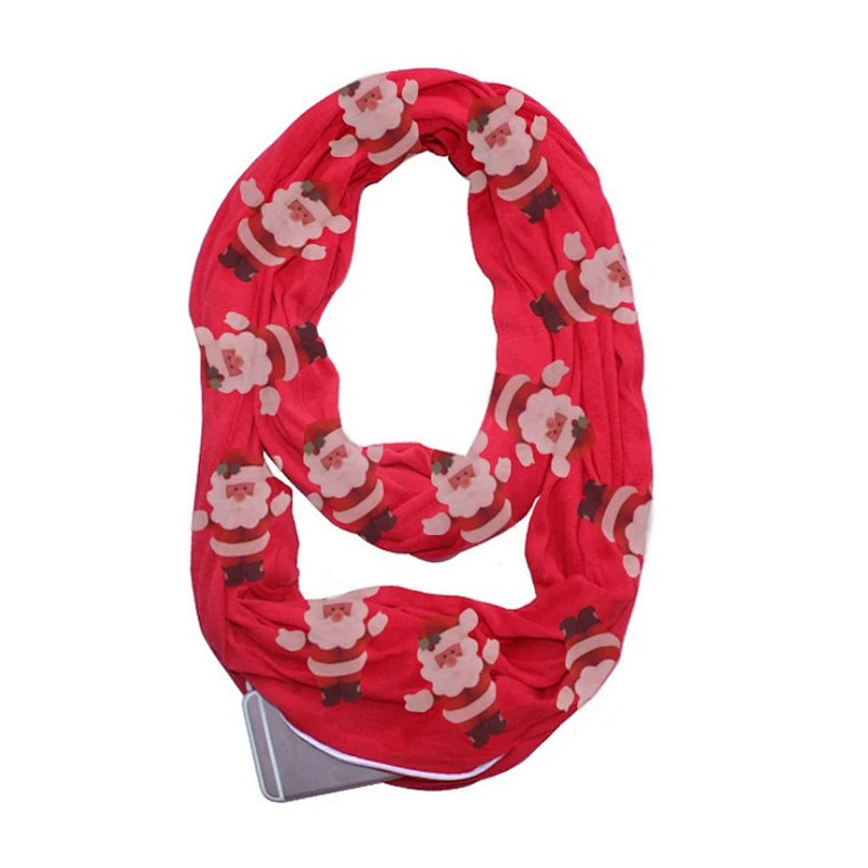 Christmas  Santa Claus printed unlimited neck storage zipper pocket scarf