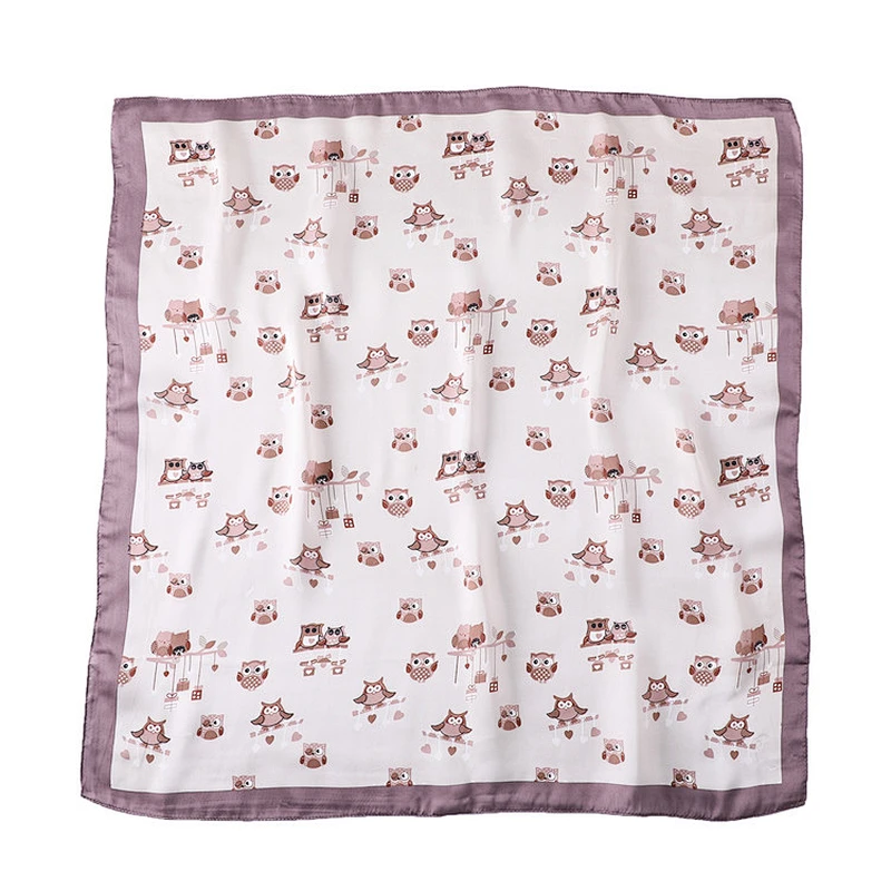 Custom wholesale fashion ladies cartoon owls pattern printed silk square scarf