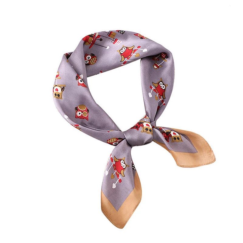 Custom wholesale fashion ladies cartoon owls pattern printed silk square scarf