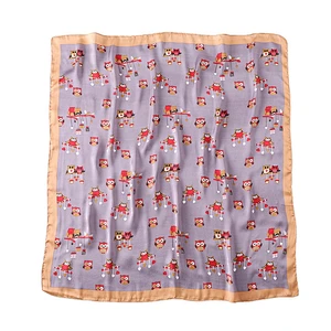 Custom wholesale fashion ladies cartoon owls pattern printed silk square scarf