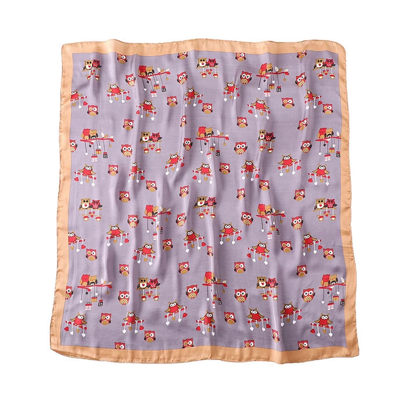 Custom wholesale fashion ladies cartoon owls pattern printed silk square scarf
