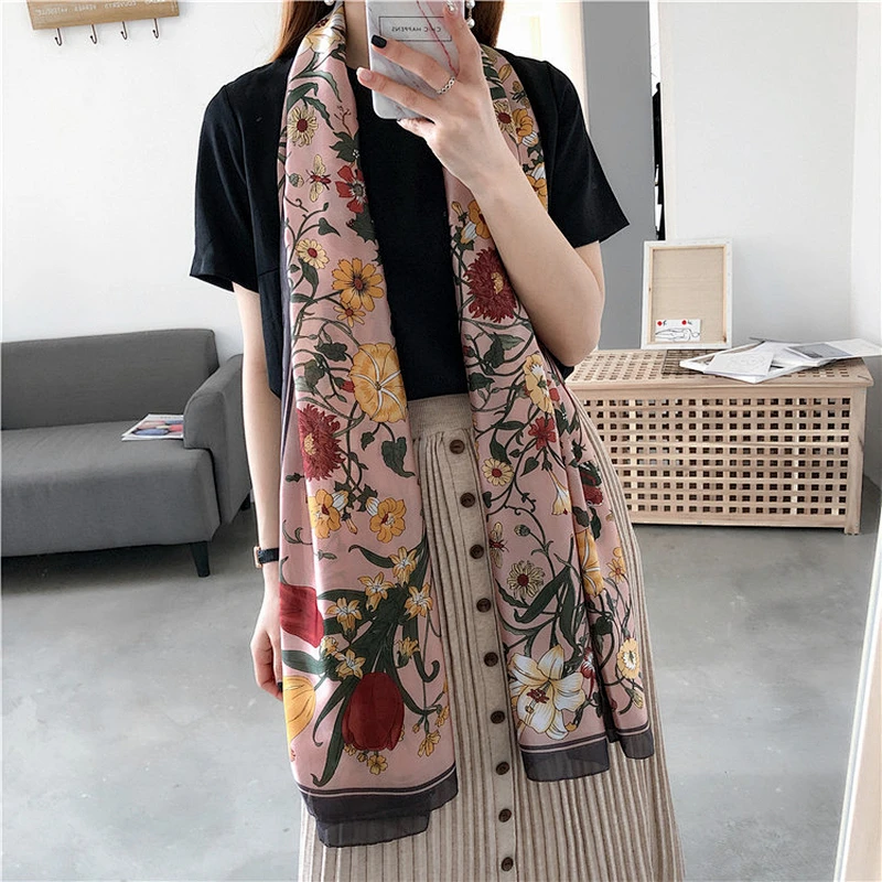 Wholesale custom printed floral 100% silk muslim scarf shawl for women