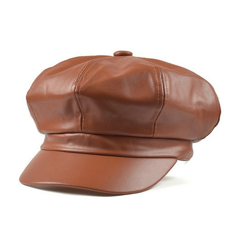 Retro PU leather painter hat octagonal hat handsome wild pumpkin hat solid color beret