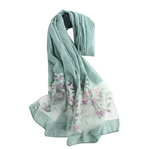 Wholesale spring summer popular custom embroidery women long silk scarves