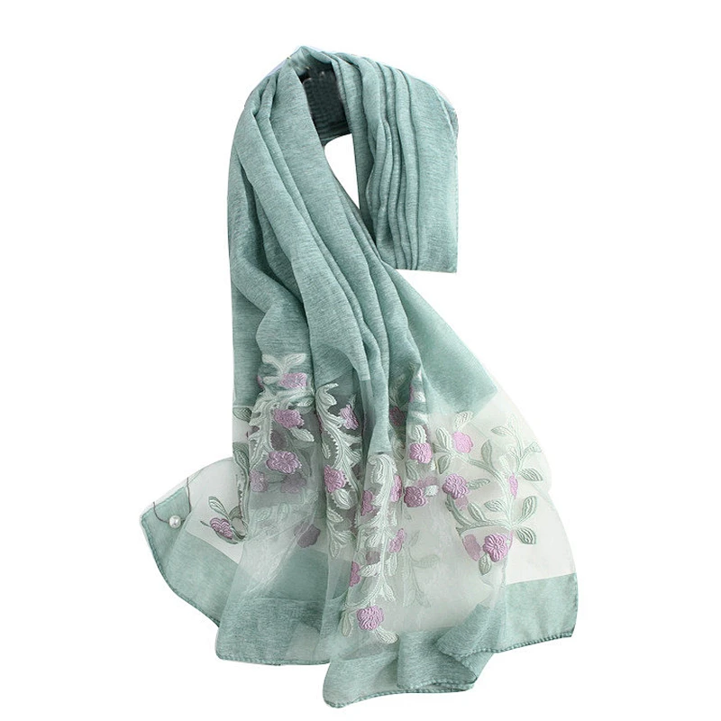 Wholesale spring summer popular custom embroidery women long silk scarves