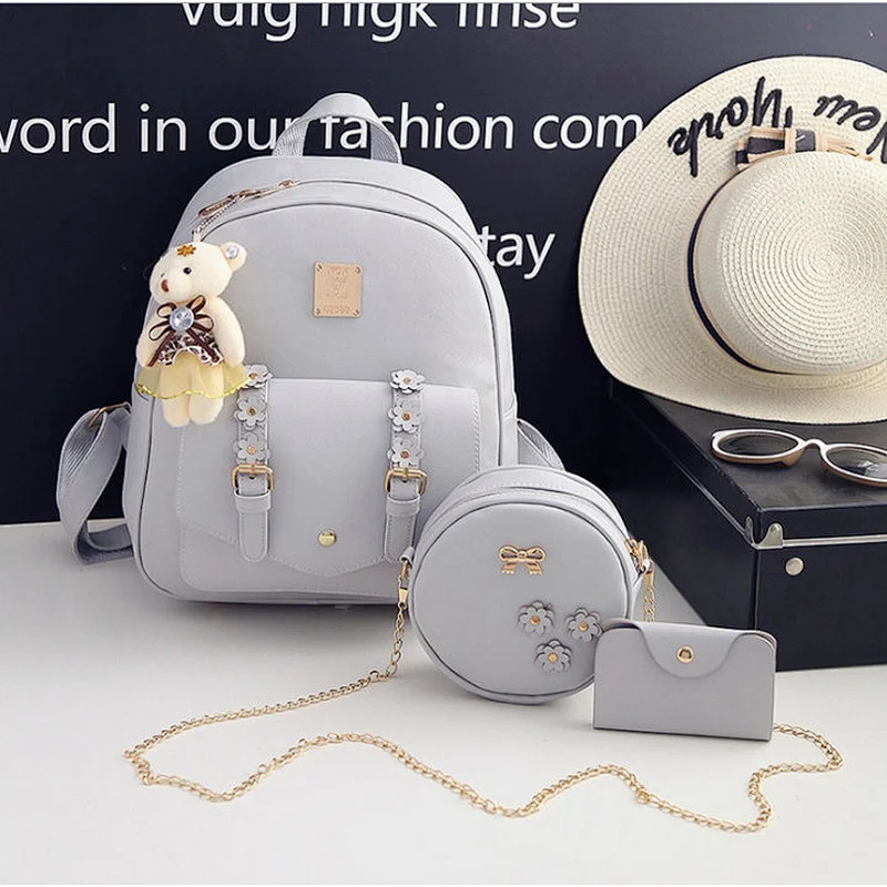Fashion Backpack Women PU Leather Backpack Set 3 Pcs in 1 For Girls