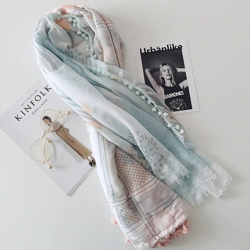 Fashion Ladies Cashmere Scarf Pom Pom Hijab Iridescent Silk Fabric