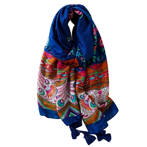 New style fashion scarf blue satin flower printing tassel travel sunshade shawl scarf