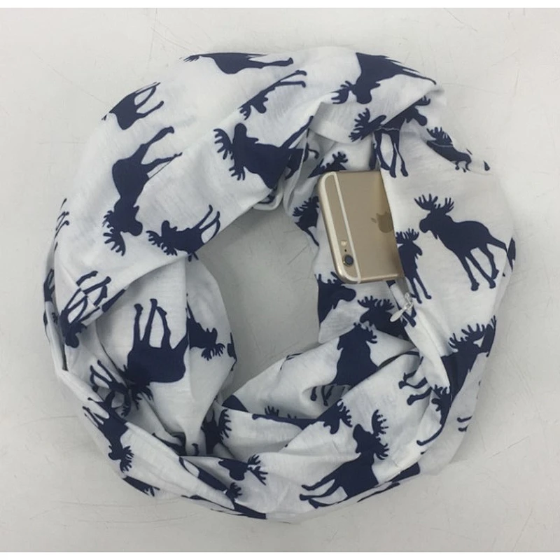 Christmas cute moose print zipper pocket scarf