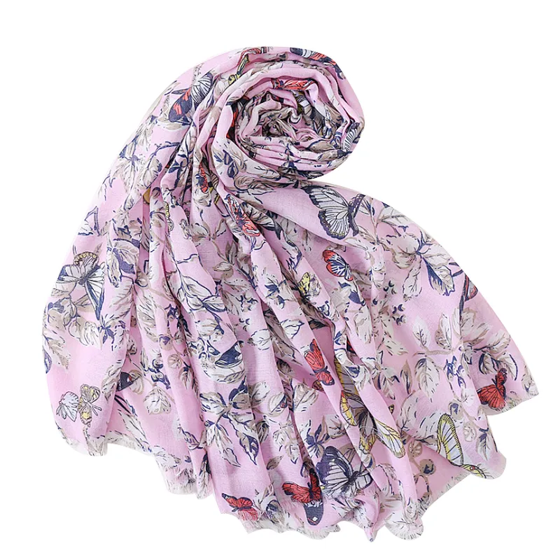 Woman's butterfly print satin cotton and linen spring and summer vacation beach towel scarf