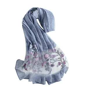Wholesale spring summer popular custom embroidery women long silk scarves