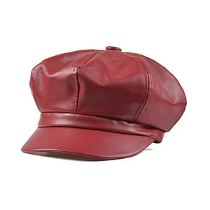 Retro PU leather painter hat octagonal hat handsome wild pumpkin hat solid color beret