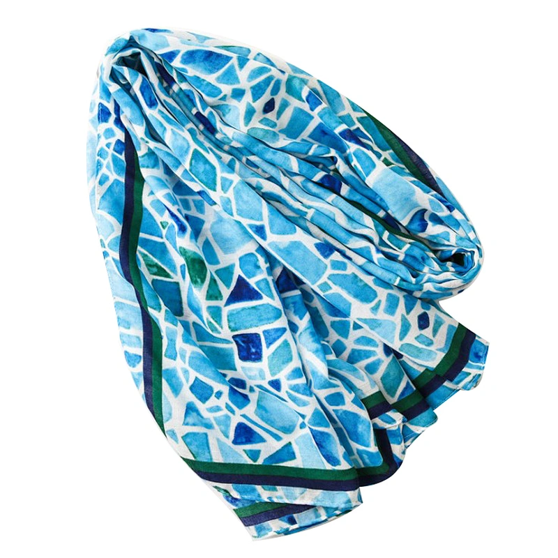 European style ocean blue fashionable geometric marble print sunshade scarf