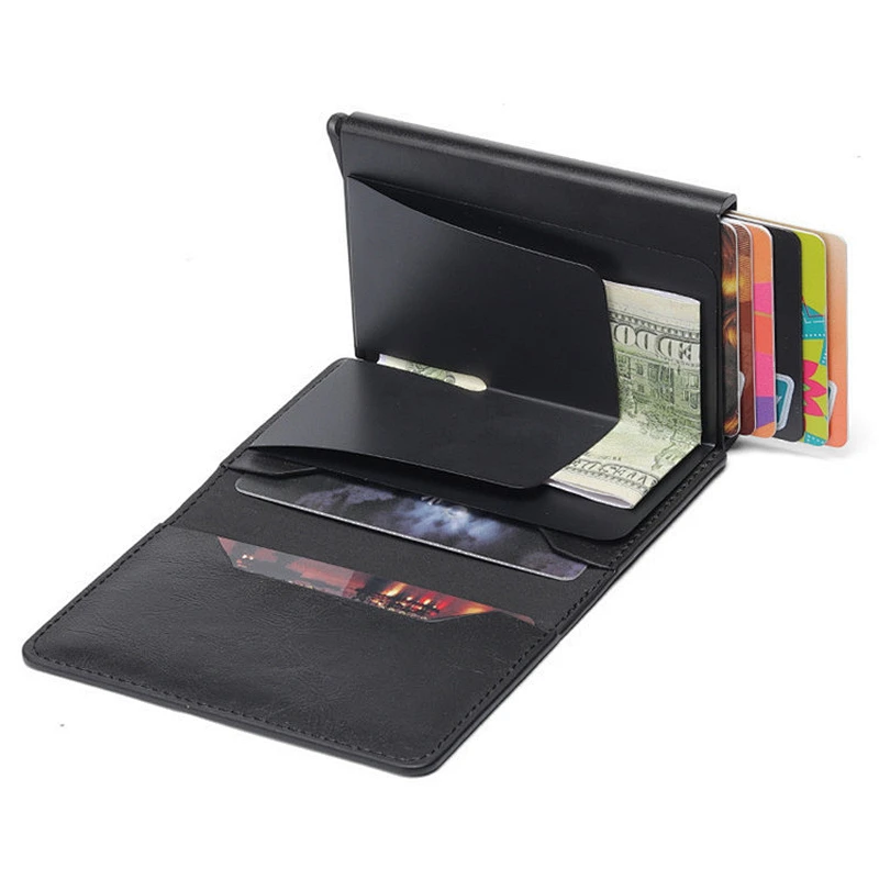 Multi-functional aluminum card holder rfid blocking wallet pu leather short wallet for men