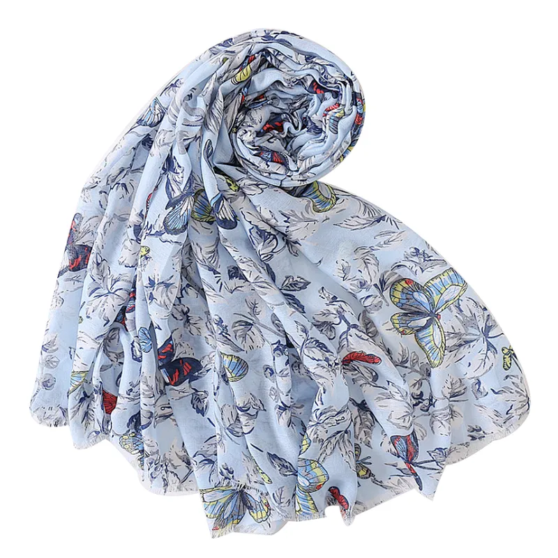 Woman's butterfly print satin cotton and linen spring and summer vacation beach towel scarf