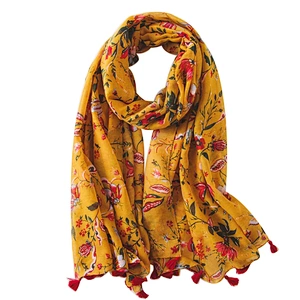Ethnic style scarf female turmeric floret printing cotton and linen sunshade shawl beach towel scarf