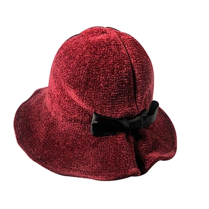 Women Solid Color Winter Hat 100% Chenille Cloche Bucket with Bow
