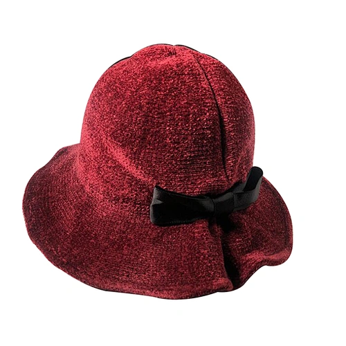 Women Solid Color Winter Hat 100% Chenille Cloche Bucket with Bow
