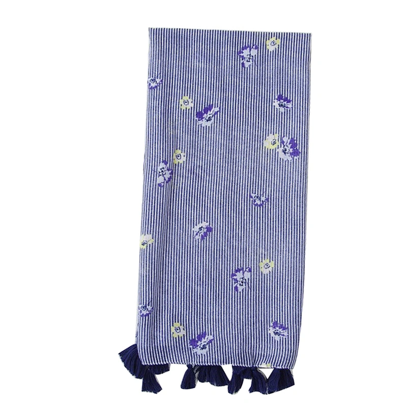 New fashion rural style blue broken flower stripe printing  silk scarf travel beach towel scarf