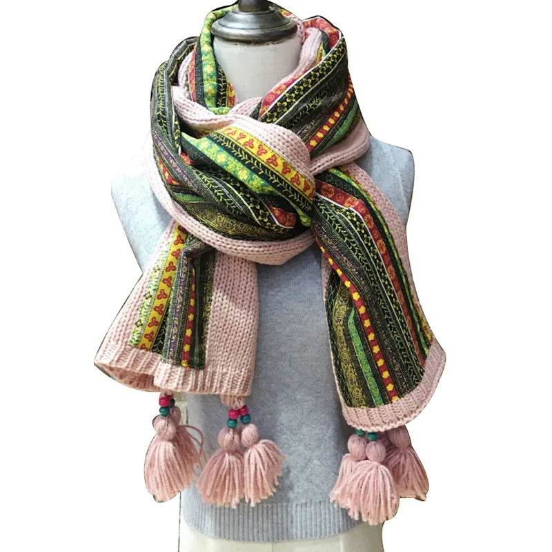 New ethnic style long knit wool scarf  printed lady tassel shawl winter warm scarf
