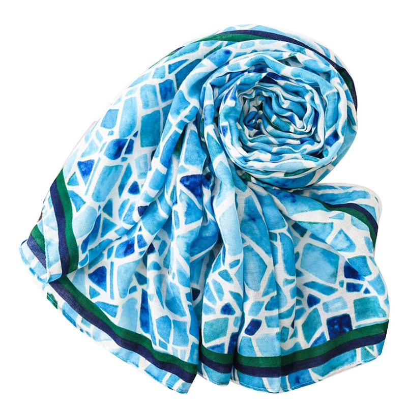 European style ocean blue fashionable geometric marble print sunshade scarf