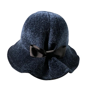 Women Solid Color Winter Hat 100% Chenille Cloche Bucket with Bow