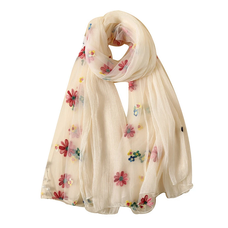 Top quality women charmeuse scarves custom made flower embroidery silk scarf