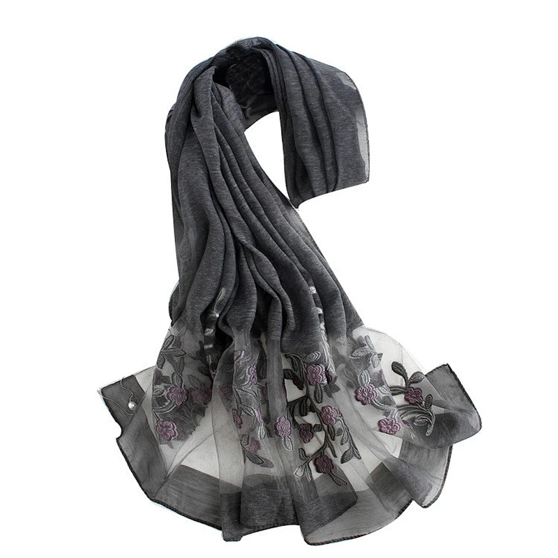 Wholesale spring summer popular custom embroidery women long silk scarves