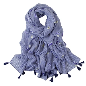 New fashion rural style blue broken flower stripe printing  silk scarf travel beach towel scarf