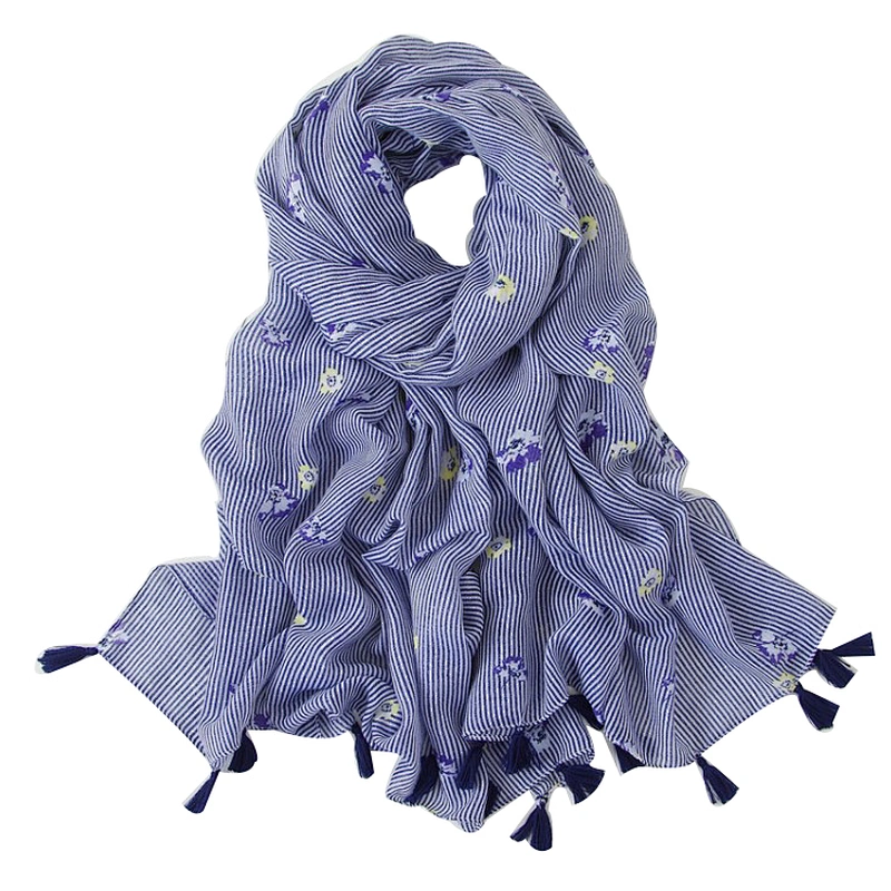 New fashion rural style blue broken flower stripe printing  silk scarf travel beach towel scarf