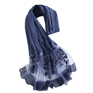Wholesale spring summer popular custom embroidery women long silk scarves