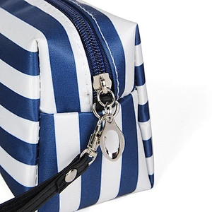 Customized Leather Stripes Zipper Cosmetic Bag Travel Makeup Bag