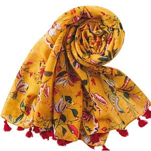 Ethnic style scarf female turmeric floret printing cotton and linen sunshade shawl beach towel scarf